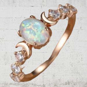 White Opal Moon Accent Band Style Boho Retro Synthetic Opal Fashion Ring Size 7